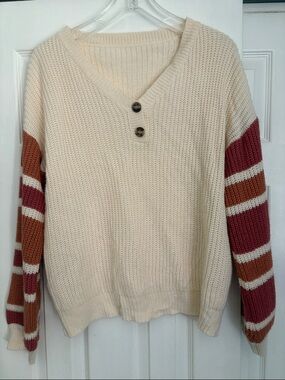 Cozy V-Neck Striped Sleeve Knit Sweater - Cream with Rust & Berry